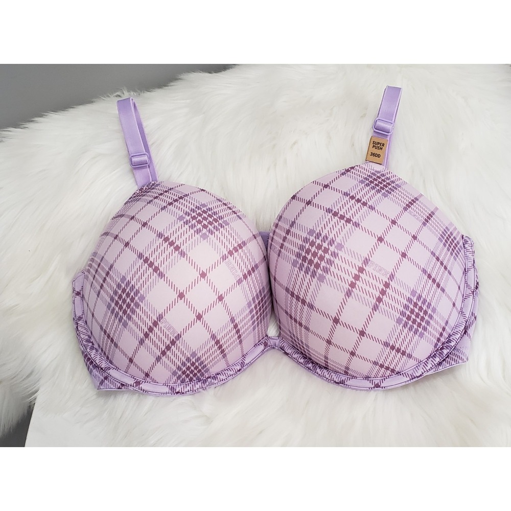 NEW Victorias Secret 36DD PINK WEAR EVERYWHERE SUPER PUSH-UP BRA PURPLE PLAID